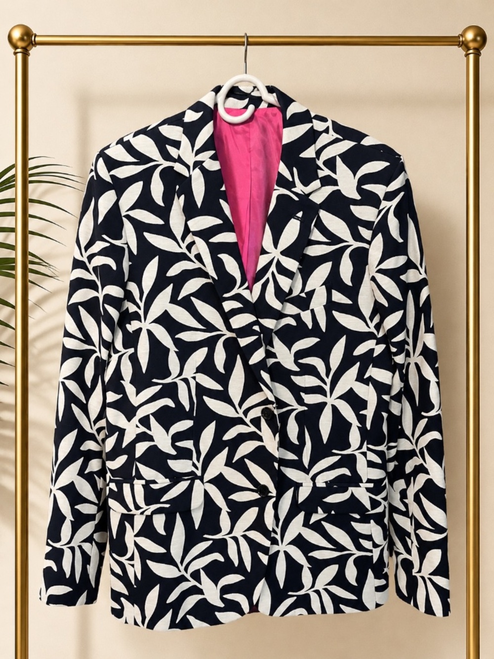 Mr Turk Trina Turk Men’s Navy Blue Gray Leaf Print Blazer 42L